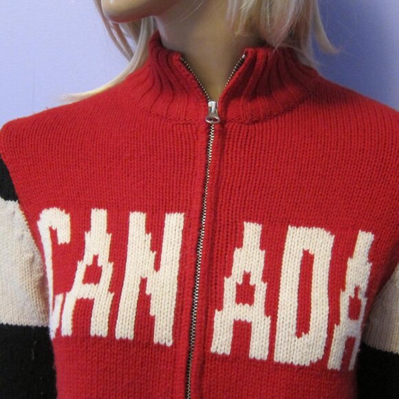 HUDSON BAY CANADA Red Wool 2014 Olympics Flag Beaver Zip Up SWEATER XS - Picture 2 of 11